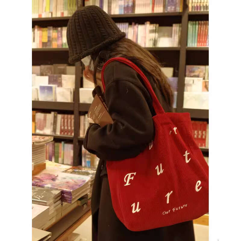 Bie Lai Wu Qiao New Red Corduroy Shoulder Versatile Large Capacity Embroidered Simple Tote Bag for Women
