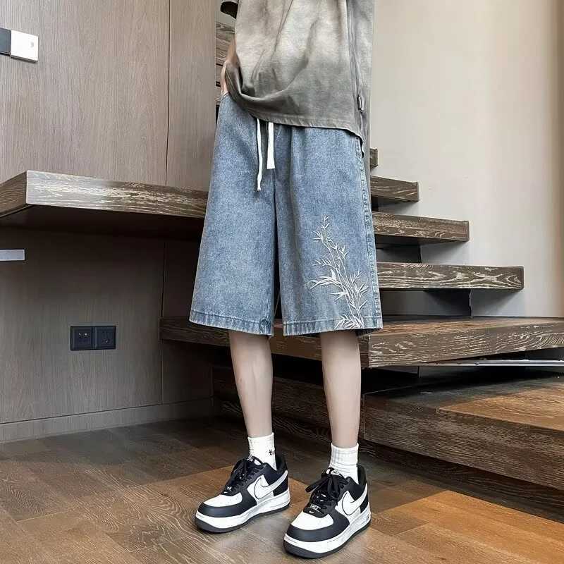 Summer Y2K Baggy Denim Shorts Men New Bamboo Embroidered Short Jeans Pants Vintage Harajuku Hip Hop Streetwear Wide Leg Bermuda T250603