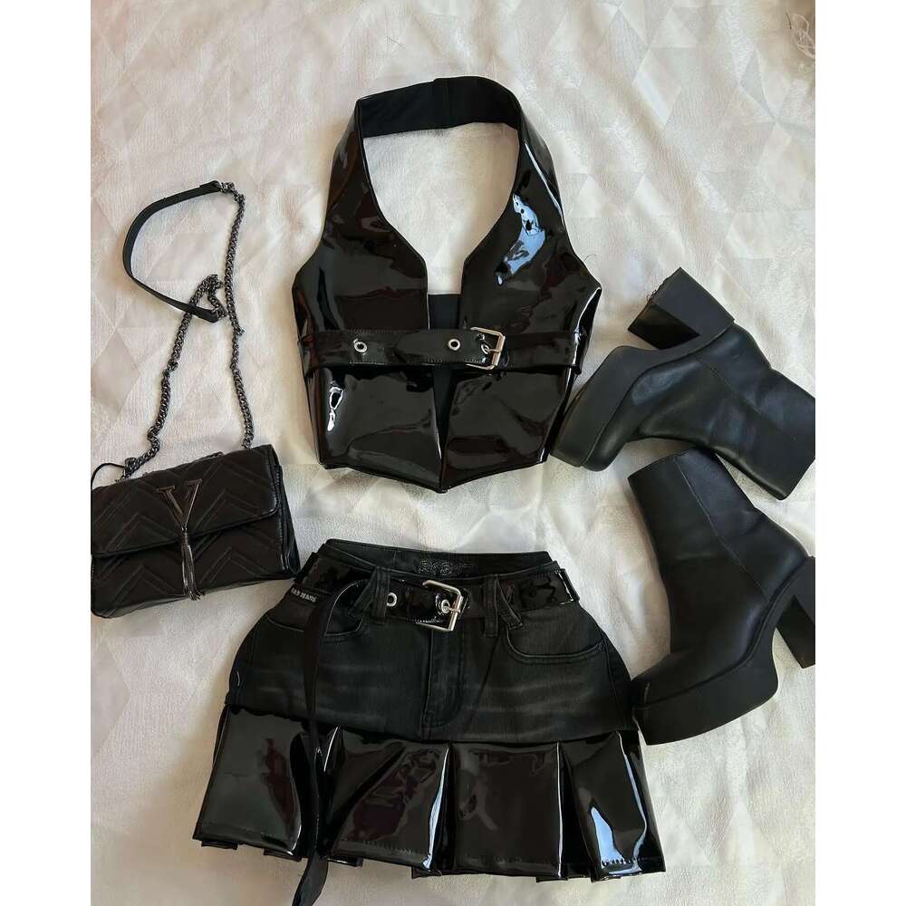 Haruku Black Y2k Mini Skirt Denim Splicing Leather Two Piece Sets Women Outfits Sexy Girl Gothic Camisole Tops Streetwear