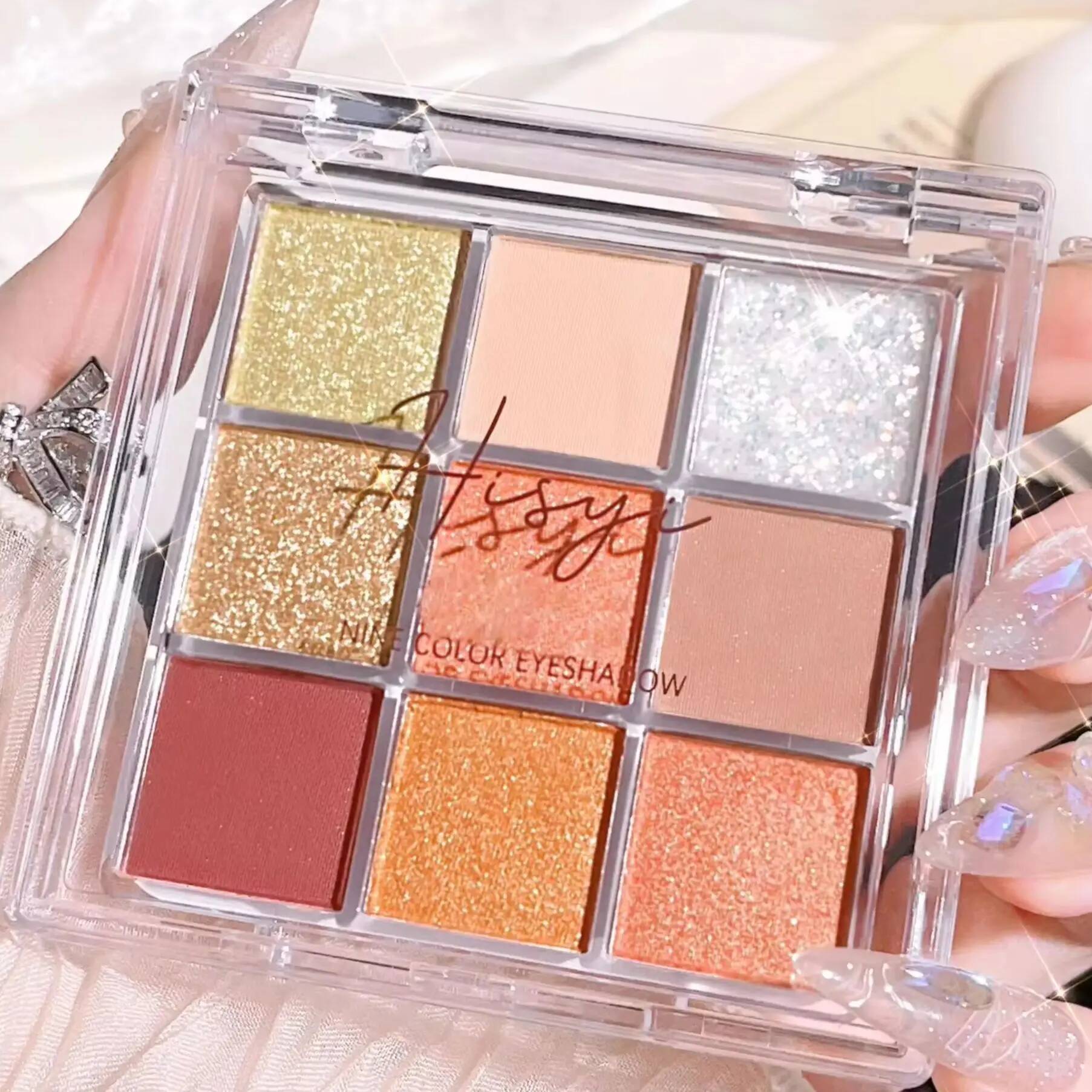 Summer 9 color eyeshadow palette: Orange brown, pink and gold, matte shimmer effect, lasting makeup, keep glitter rose Eyeshadow