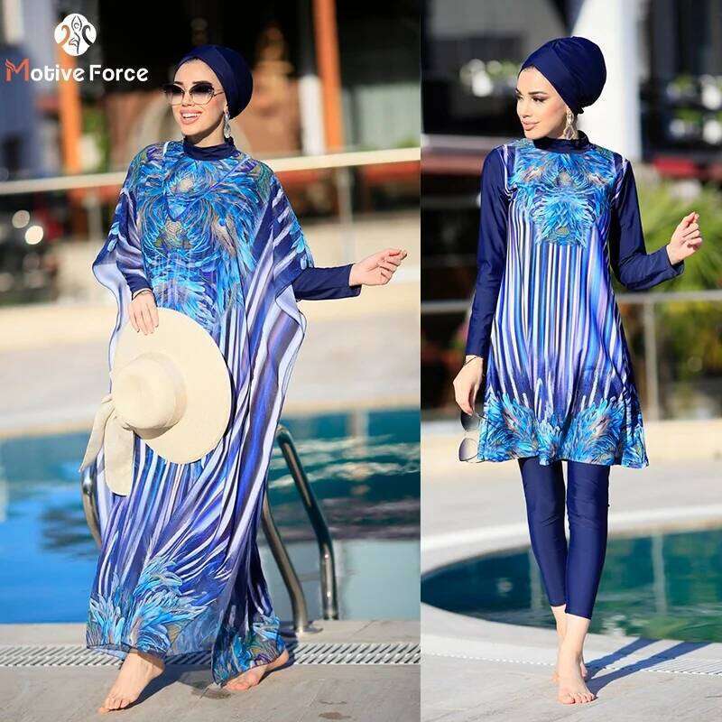 4 Pcs Women's Muslim Swimwear Digital Printed Lslamic Clothes Hijab Long Sleeves Sport Swimsuit Burkinis Wear Bathing Suit 4Xl