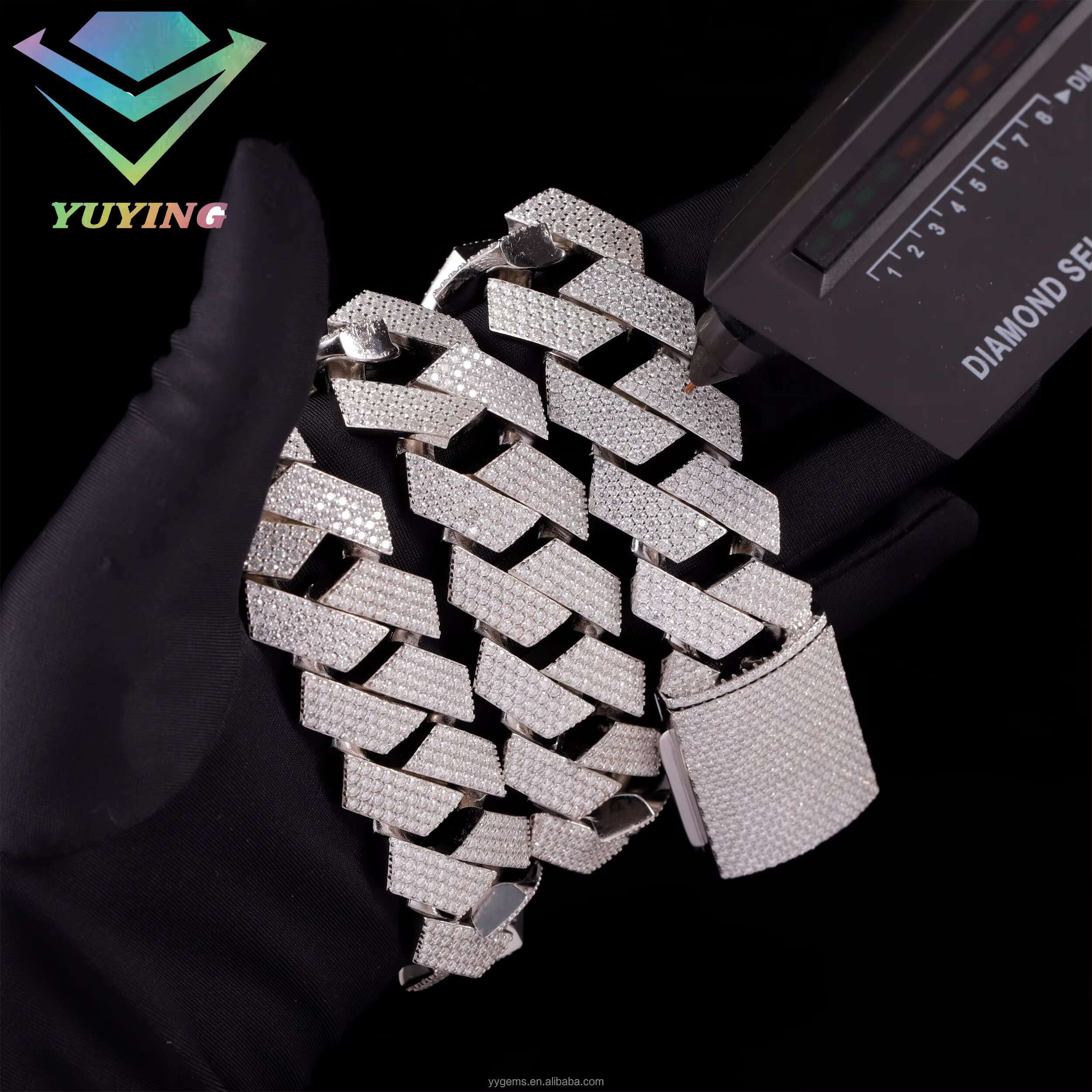 Hip Hop White Gold 24mm Wide Large Size Necklace 925 Heavy Silver VVS Moissanite Iced Out Diamond Cuban Link Chain for Men