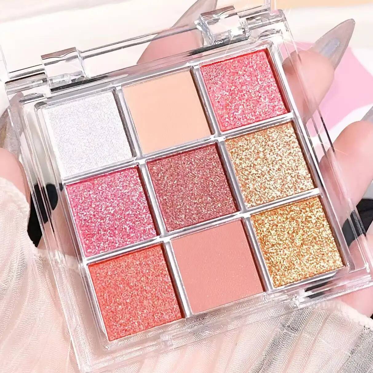Summer 9 color eyeshadow palette: Orange brown, pink and gold, matte shimmer effect, lasting makeup, keep glitter rose Eyeshadow