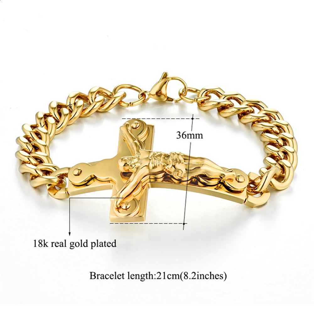 Punk Crucifix Jesus Cross Charm Bracelet Male Gold Color Stainless Steel Cuban Hand Chain For Men Fashion Party Jewelry Gift 250530