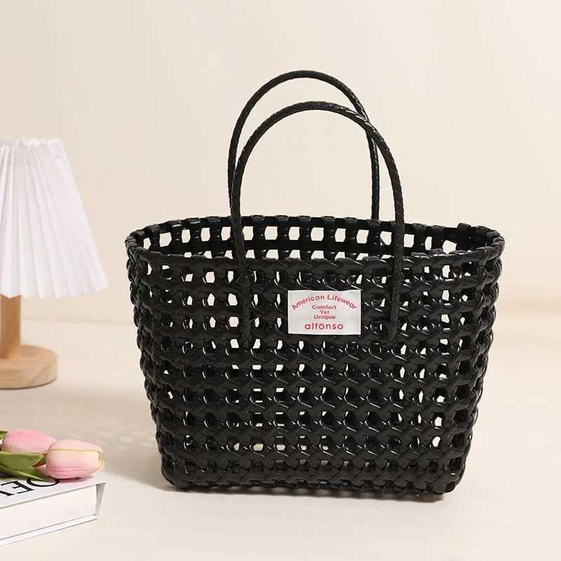 Summer Handbag Hollow out Plastic Woven Tote Vacation Beach Versatile Str Material Pure Color Square Handle Bag Y250603