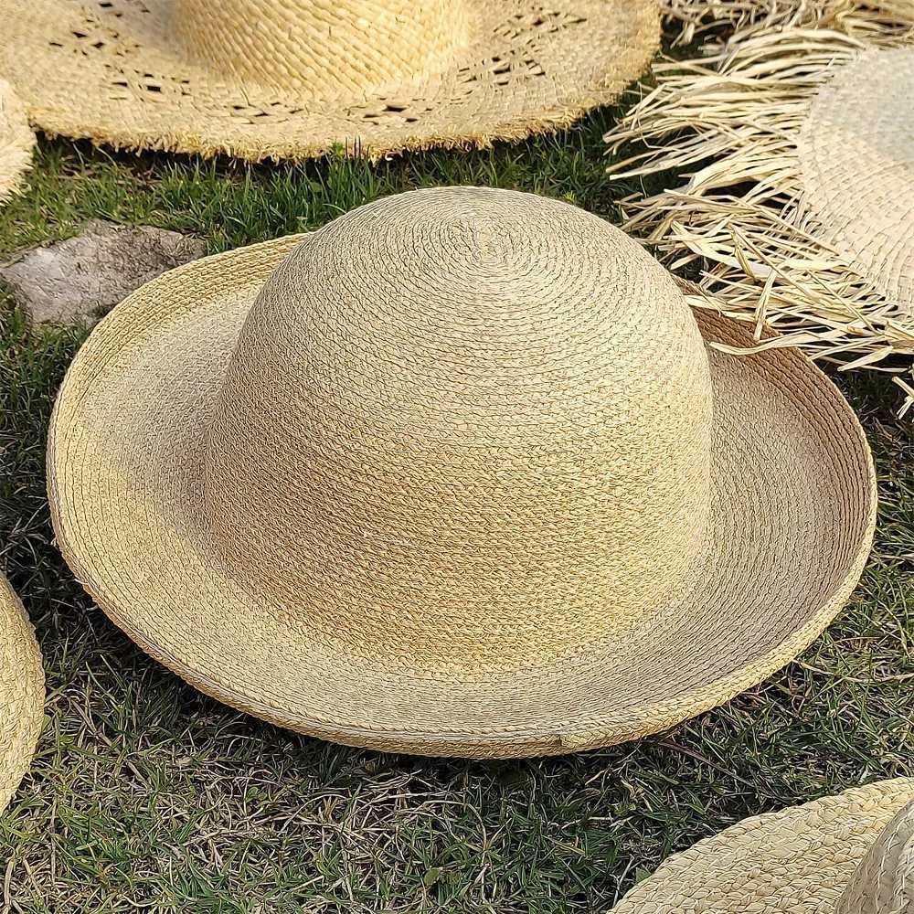 Large Brim Straw Hat Raffia Hand-woven Pattern Straw Hat Sun Protection Beach Sun Hat Womens British Retro Basin Hat W250602