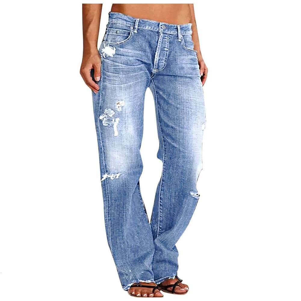 Women's Denim Trendy Distressed Mid-Waist Ripped Casual Straight Long Pants B5