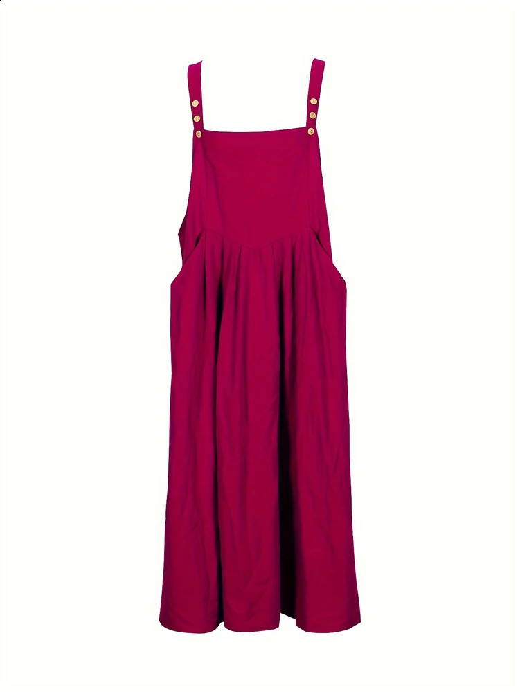 Plus Size Womens Button Shoulder Strap Dress for Casual Wear Solid Colour Summer Choice Polyester 250526