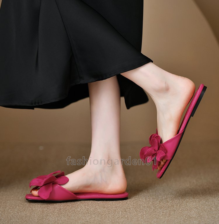 designer sandals summer beach slides flat bottom slippers slip-on sliders fashion square head slipper open-toe flower embellished rose red half-slippe