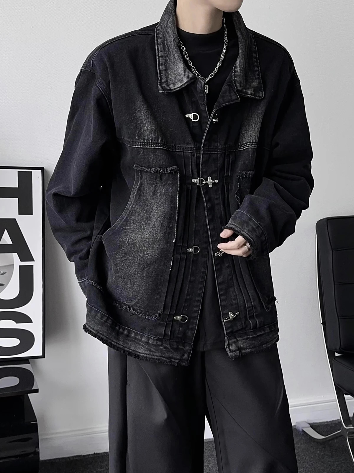 REDDACHIC 90s Mens Button Deconstructed Denim Bomber Jacket Frayed Oversize Coat Distressed Black Hip Hop Street Autumn Outerwear 250529