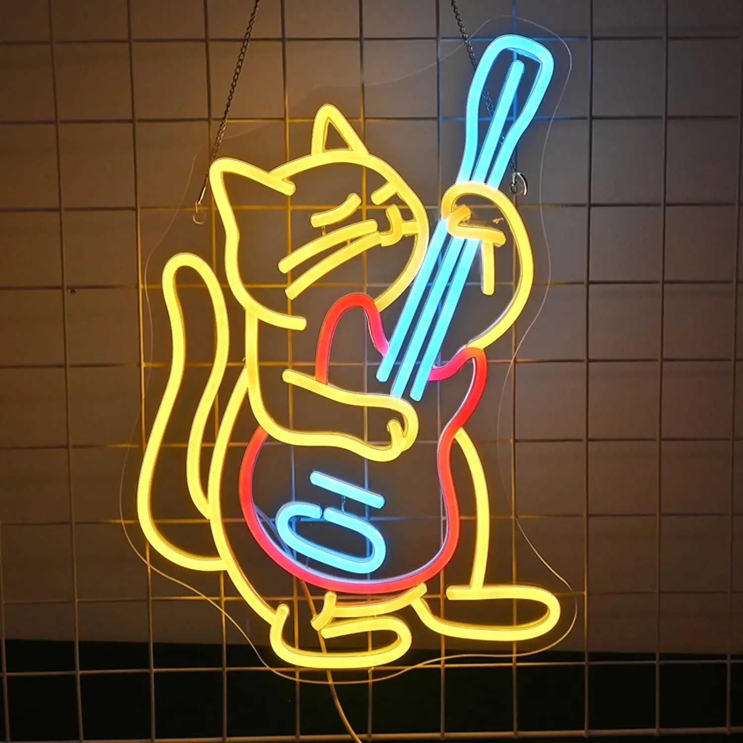 Guitar Cat USB Powered LED Neon Sign Dimmable Neon Light Wall Decor for Room Decoration Bedroom Store Music Bar Party GiftXJ250602