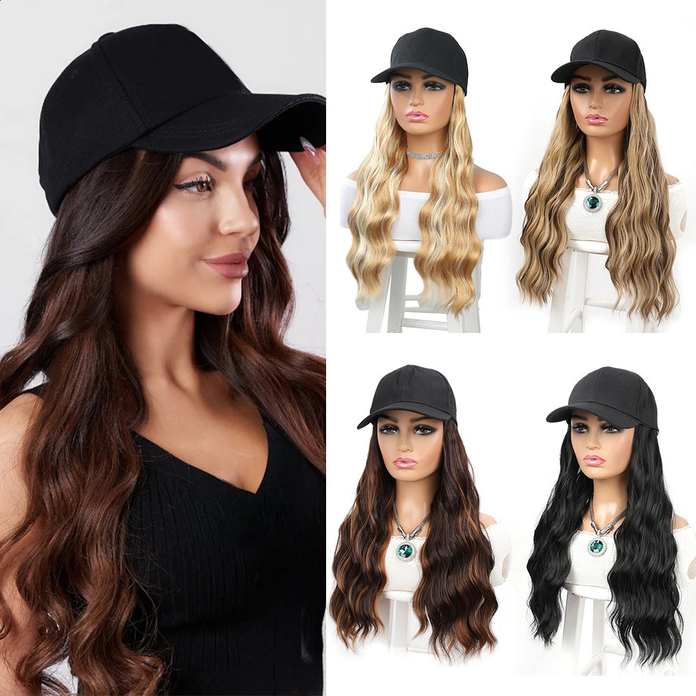 Baseball Cap Synthetic with Hair Extensions 24 inch Long Wavy Heat Resistant Fiber Hairpieces Adjustable Hat Wig for Women 250530