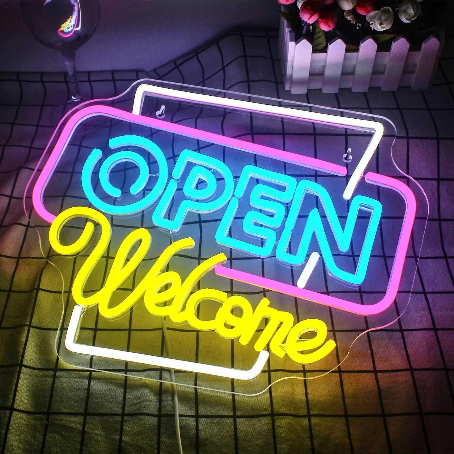 Open Welcome Neon Sign USB Dimmable LED Neon Light Sign for Business Store Window Party Bar Salon Coffee Shop Personalized Gift XJ250602