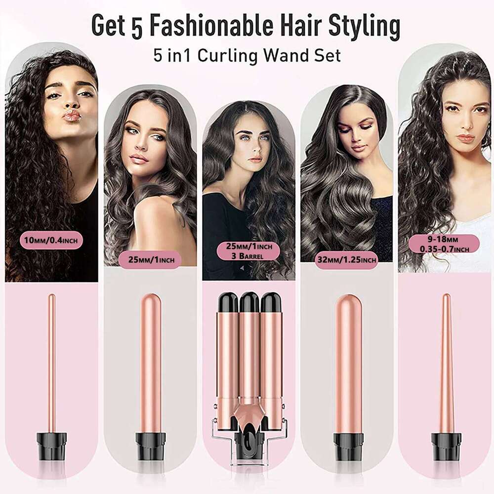 Waver Iron Wand, 5 in 1 Curling Set with 3 Barrel Crimper for Women, Fast Heating Hair Wand Curler