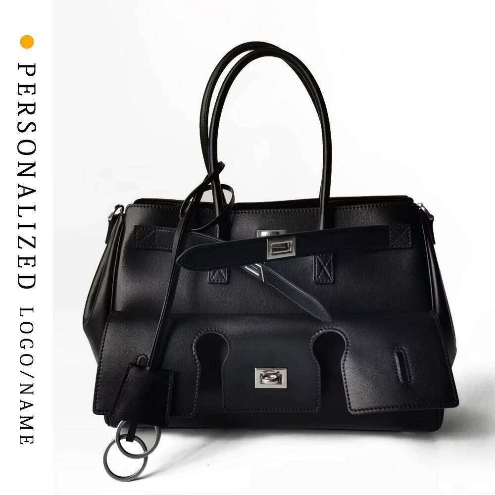 New Genuine Leather Capacity Women's Dark Motorcycle Tote Large Square Buckle Underarm Bag Multi-Pocket Women