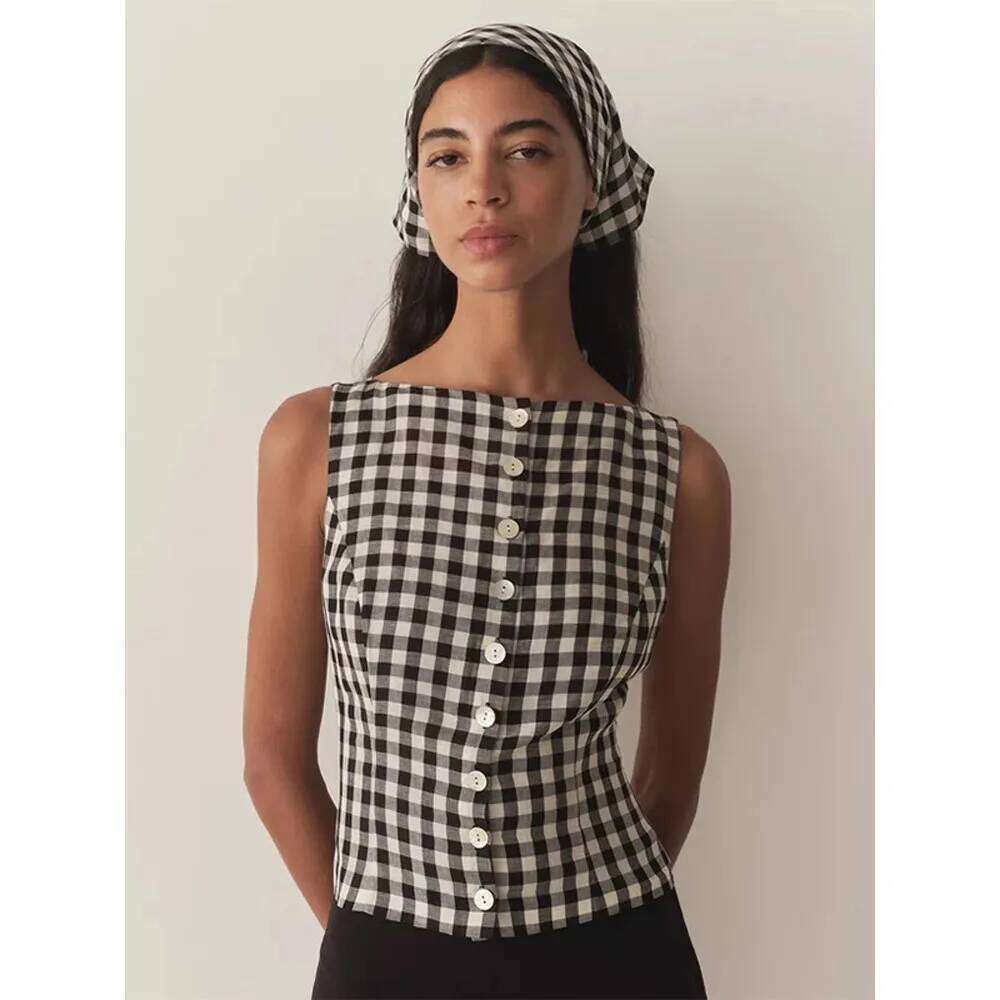 French Retro Atmosphere Plaid Versatile Slim Holiday Style Vest Top
