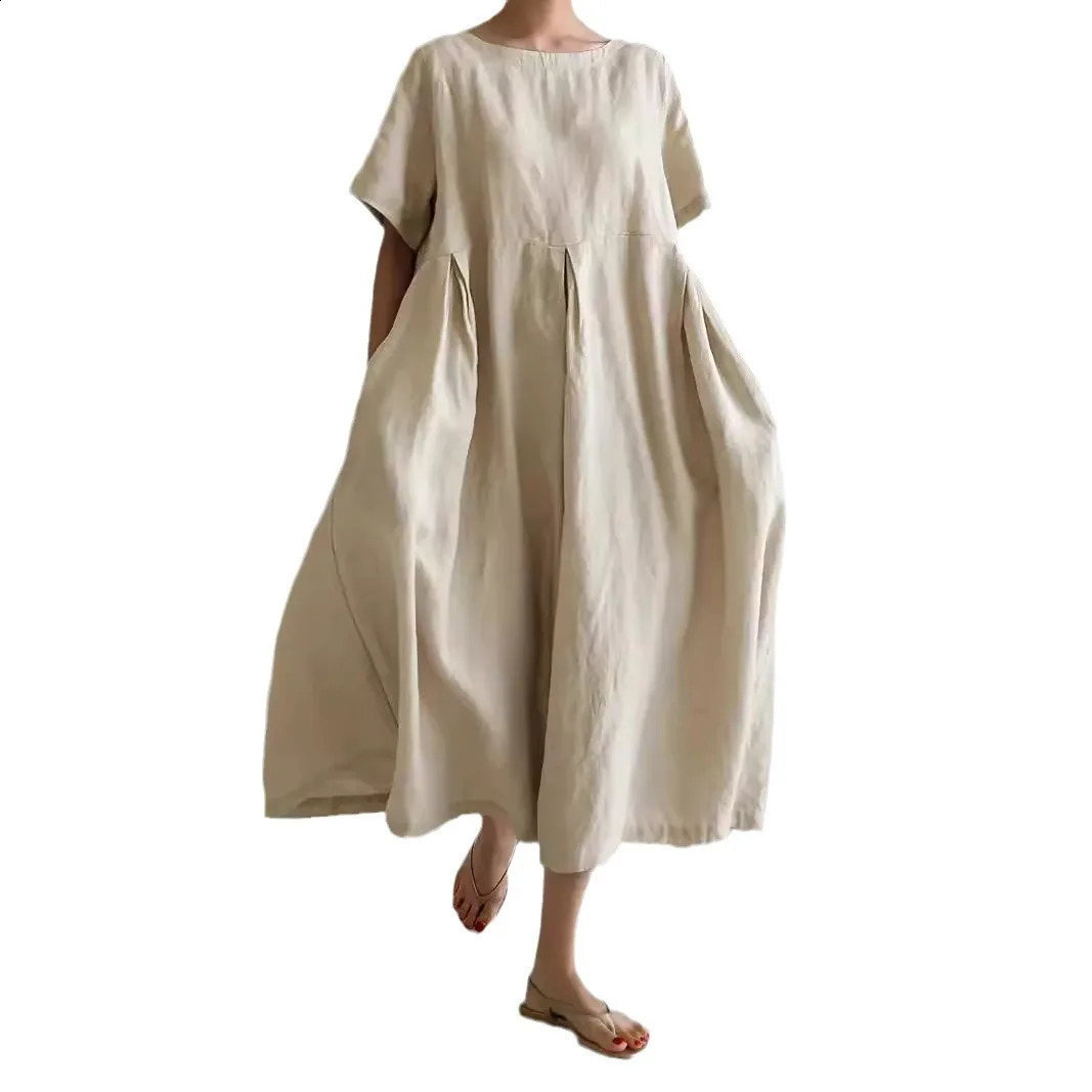 Loose Plus Size Dress 5-Color Round Neck Pullover Cotton Linen Fashion Casual Vacation Style Solid Color Sweet Women Long Skirt 250529
