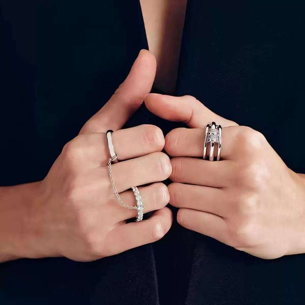 new copper inlaid zircon threering stacking light luxury ring with highend chain