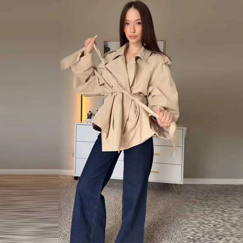 Casual Women's Bomber Jacket Chic Lace Up Lapel Collar Full Sleeve Female Coat Spring New Office Lady Outerwear Commuting