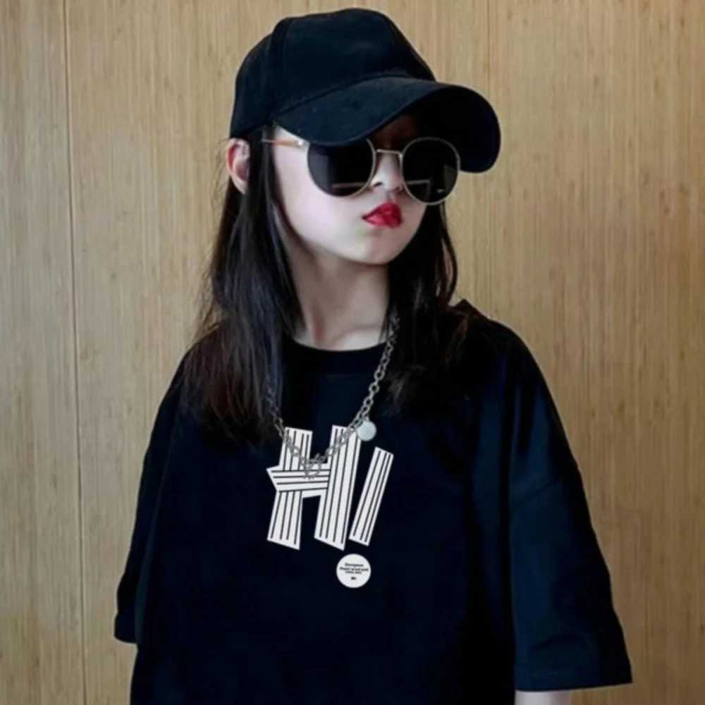 Girls short-sleeved T-shirt pure cotton loose black summer new style fashionable T250603