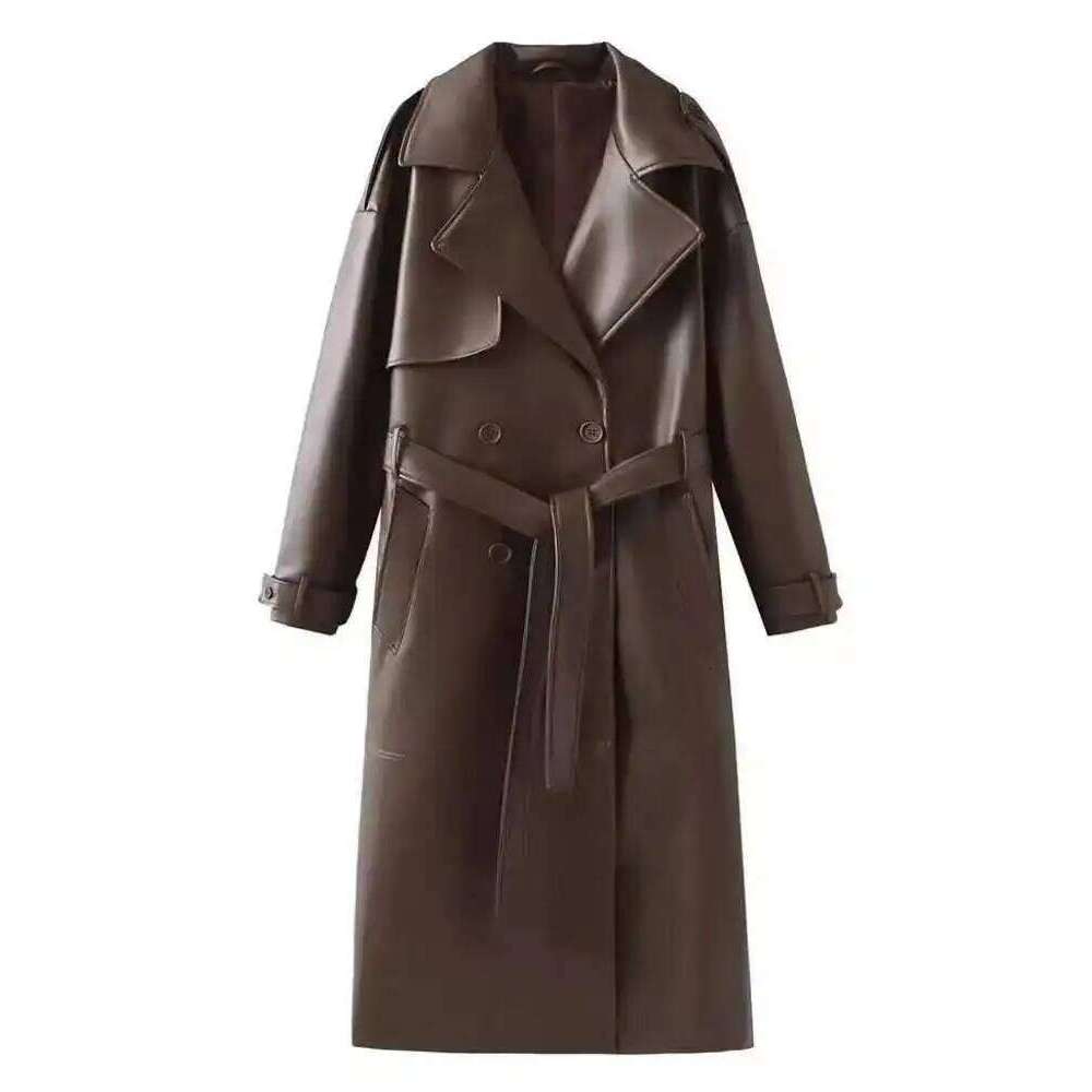 IEQJ Fashion Women's Pu Leather Trench Coat Lapel Long Sleeve Belt Solid Color Casual Windbreaker 2025 Autumn New Jacket WM2463
