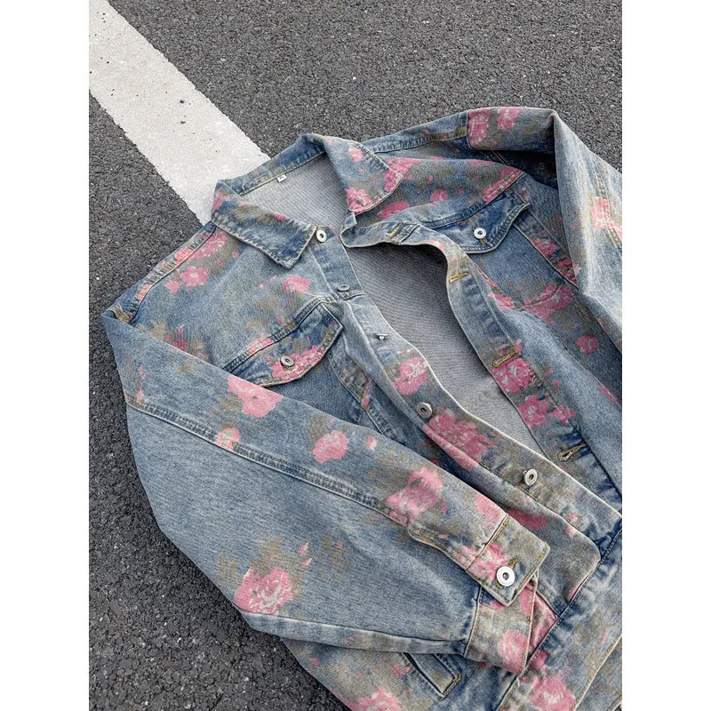 Rose Print Denim Jackets for Men Women Vintage Jeans Coats Gothic Oversized Mens Casual Clothes 250603