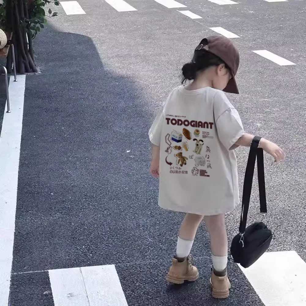 2025 new pure cotton short-sleeved T-shirt for boys and girls cartoon print loose mid-length summer casual breathable top T250603