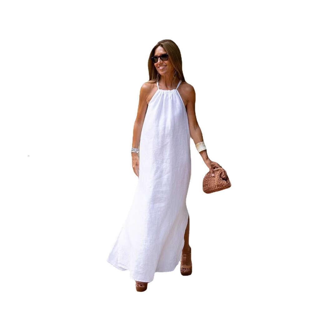 Hanging neck slit cotton leprosy casual vacation dress, European and American 2025 spring/summer product temperament versatile new trend clothing ins