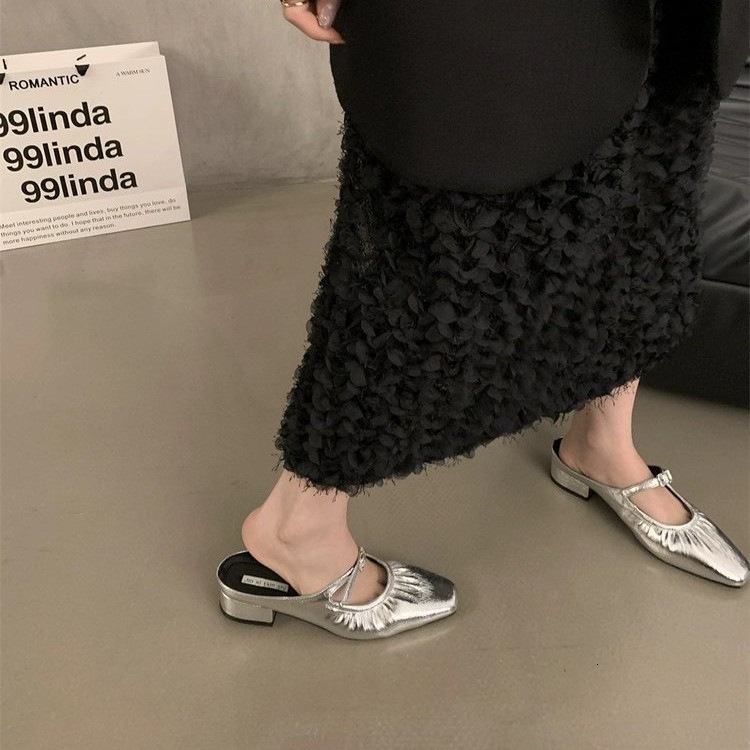 French Style Hidden Peep Toe Mules with Thick Heel for Women 2025 New Silver Elegant Petite Single Shoes ddmythur