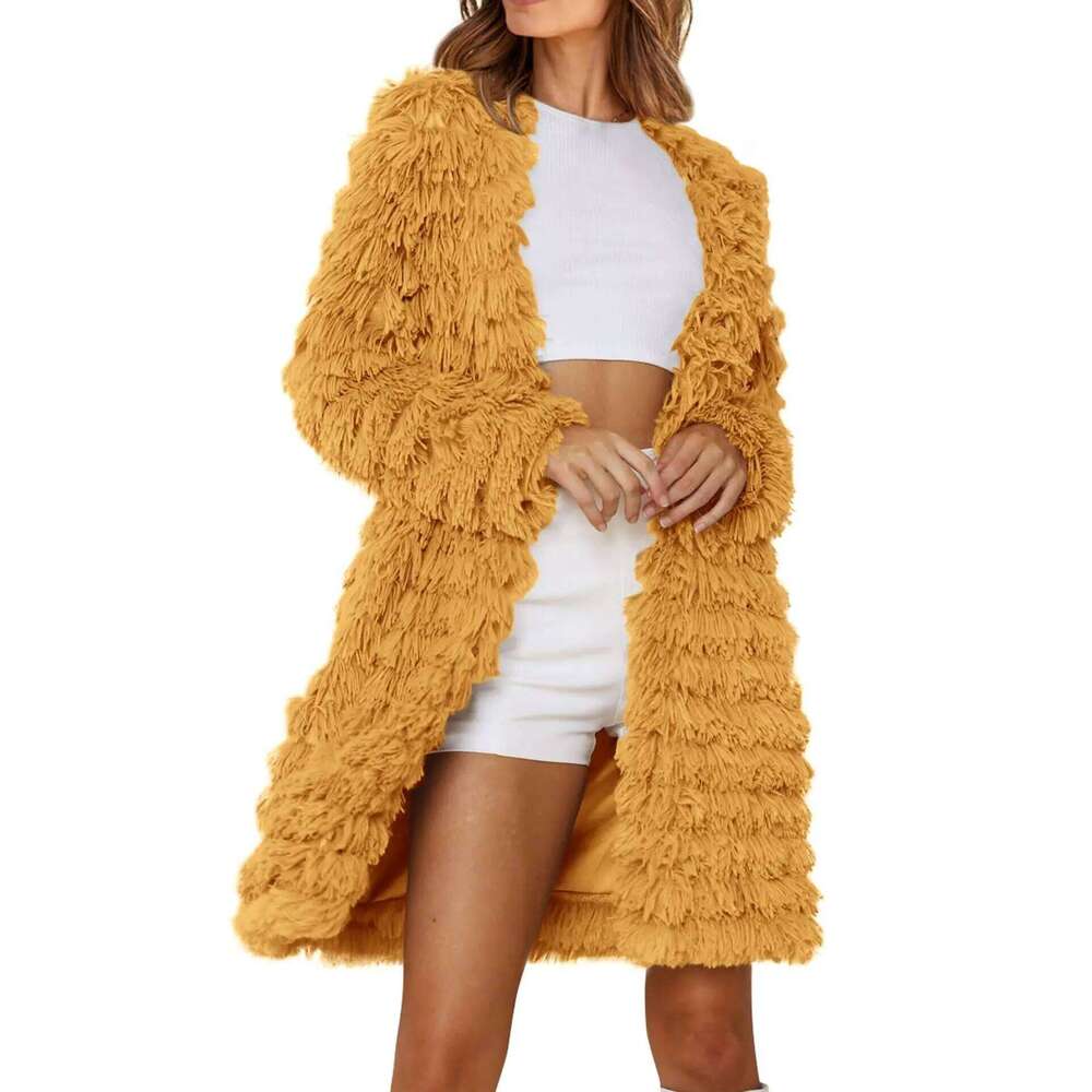 Women's 2023 Winter Sleeve Faux Fur Jackets Fall Fashion Black Khaki Pink Open Front Long Cardigan Coat Outerwear