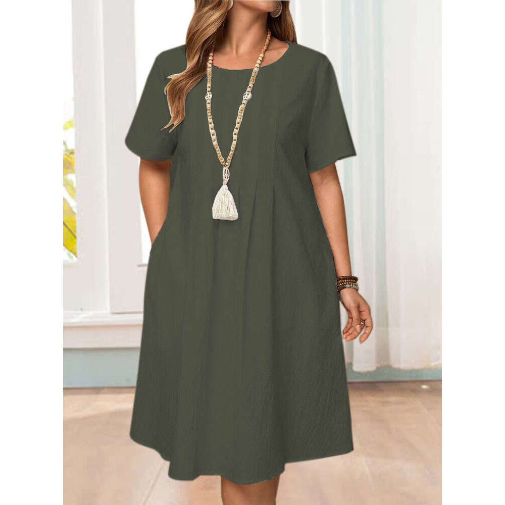 Spring Summer Loose Pocket Solid Color Round Neck Women's Cotton Linen Dress B5 b6