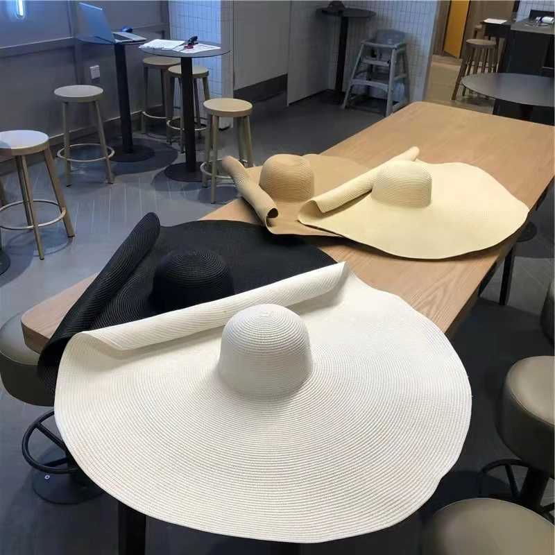60CM Diameter Big Brim Hat Womens Sunshade Sun Hat French Men Women Beach Travel Straw Hat Summer Foldable Sun Hat Wholesale W250602