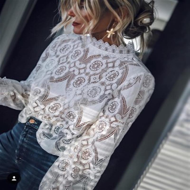 women's wear 2020 Women's Spring Summer New Sexy Sheer Long Sleeve Stand Collar Lace Top