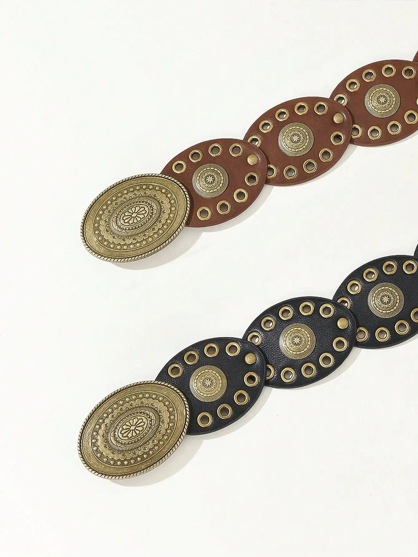 1Pcs Ladies retro oval pancake patchwork belt Bohemian style Carved style Western cowboy style Dress accessories 250603