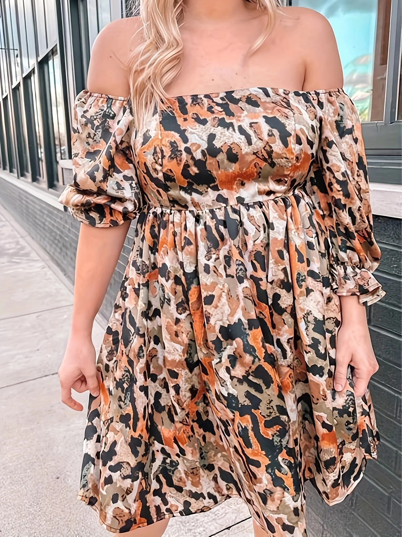 Plus size spring and summer clearance burst a line collar leopard print dress big half sleeve 250526