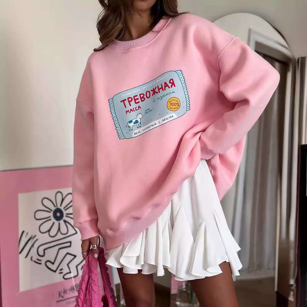 Autumn Winter Dopamine Color Long Sleeve Crew Neck Pullover Sweatshirt For Women Trendy Brand Cute Print Loose Top Jacket B5
