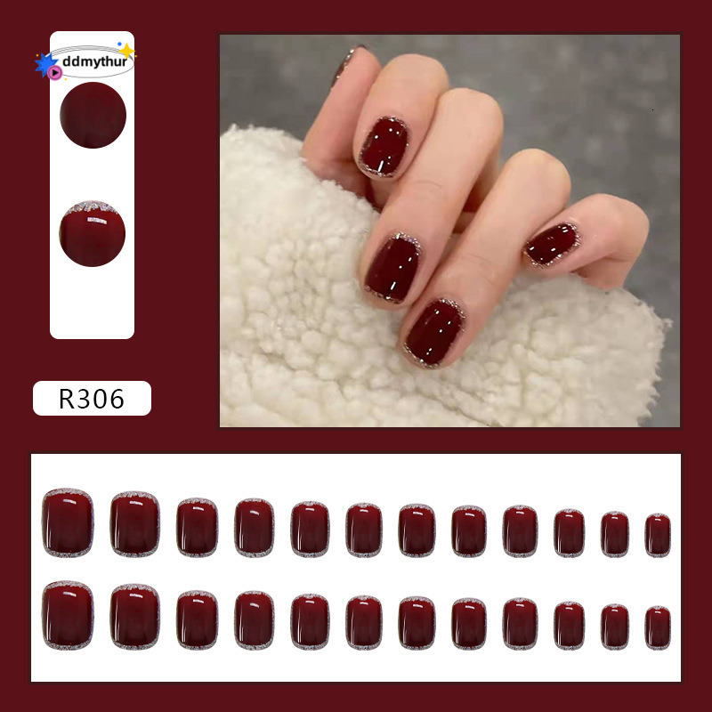 Wine Red Glitter Wearable Finished Detachable Stickers Internet Celebrity Pure Desire Nail Pieces Simple Short Style Nails ddmythur