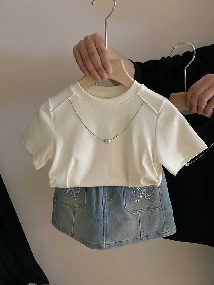 T-Shirts Tide Childrens Clothing New Girl Design Sense T-shirt Tops Versatile Bow Knot Cowboy Short Skirt 2024 Round Collar T250603