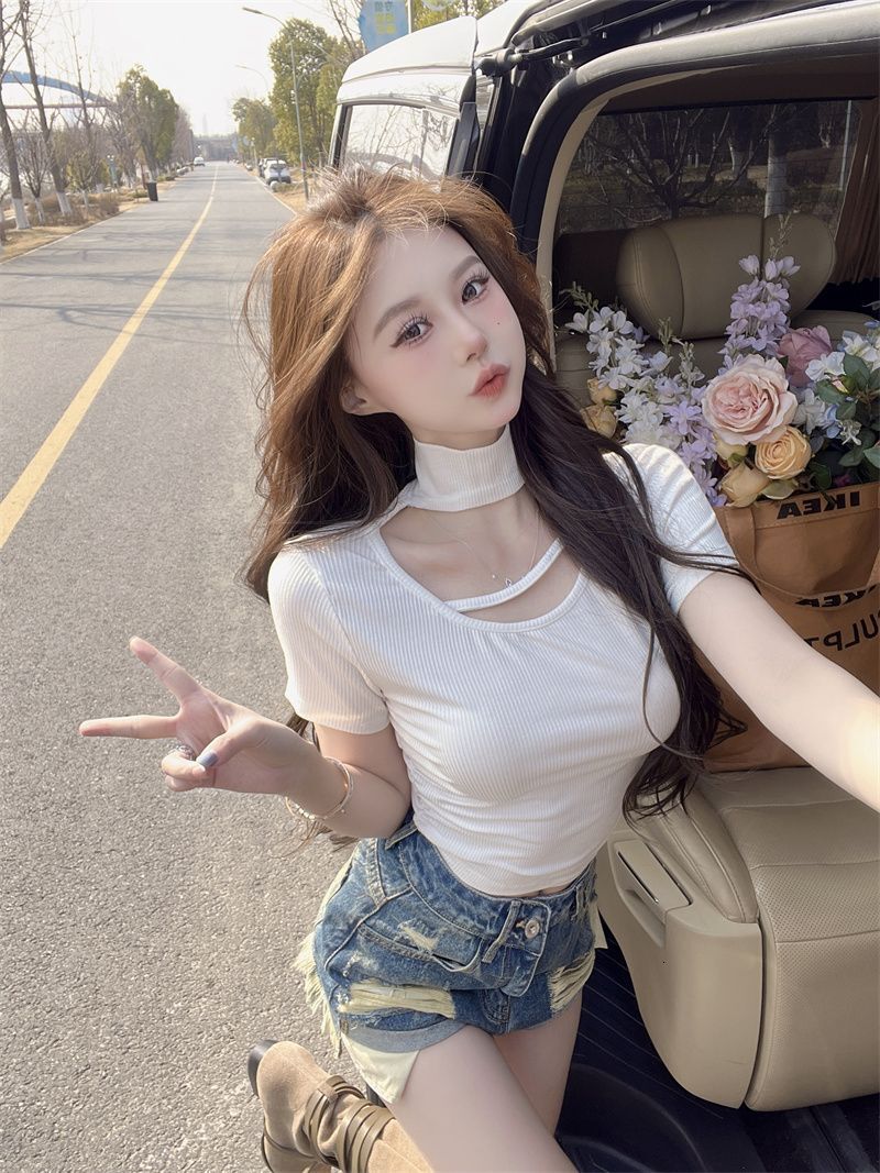 2025 New Spring and Summer Women's T-shirt Summer New Design Unique Hollow High Neck Short Sleeve Women's T-shirt Novel and Simple Spicy Gir