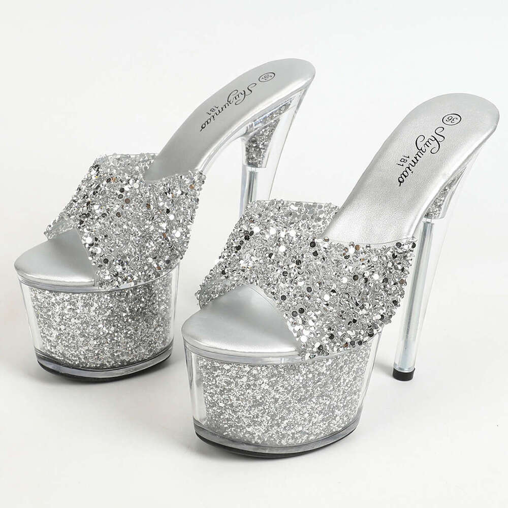 Super High Heels Fashion 17Cm Car Hotel Nightclub Extreme High Heels Rhinestone Slippers Women's Pole Dancing Shoes Platform High Heels