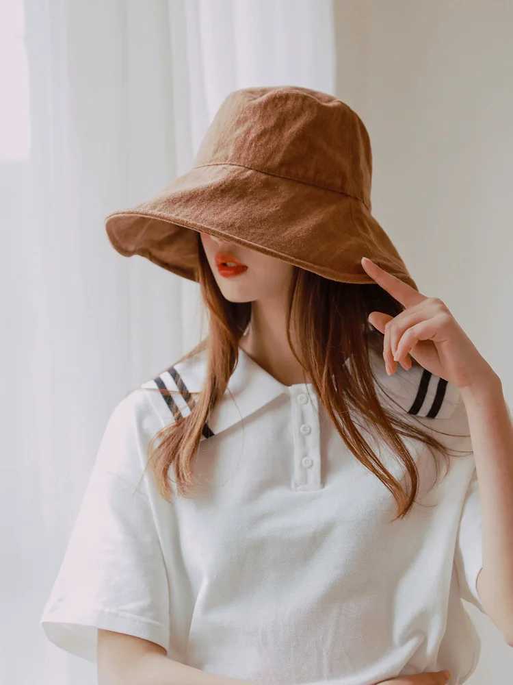 Wholesale 12cm Wide Brim Bucket Hat Women Outdoor Summer Foldable Big Brim Sun Hats Large 100% Cotton Panama Bob W250602
