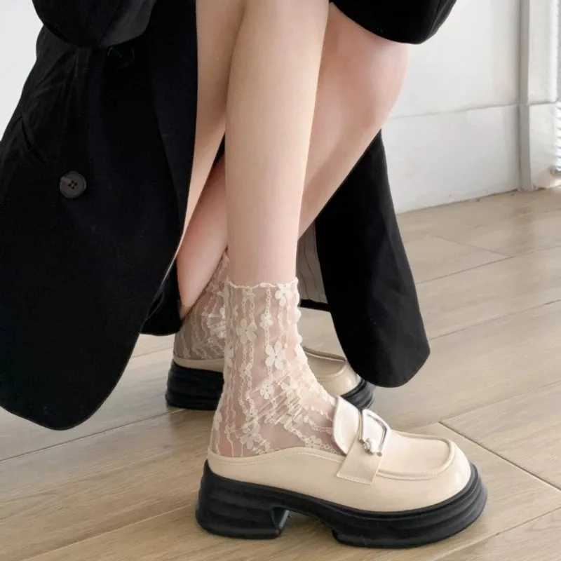 3 Pairs Women Floral Patterned Lace Round Neck Socks Fashionable Paired Summer Sweet Style Comfortable Breathable Casual SocksT250602