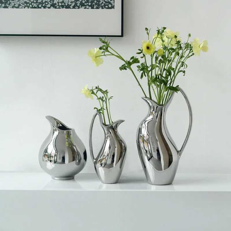 Creative Silver Pot Shaped Ceramic Vase Living Room Decoration Ornament Flower Arrangement Home Decoration Handicraft Y250603
