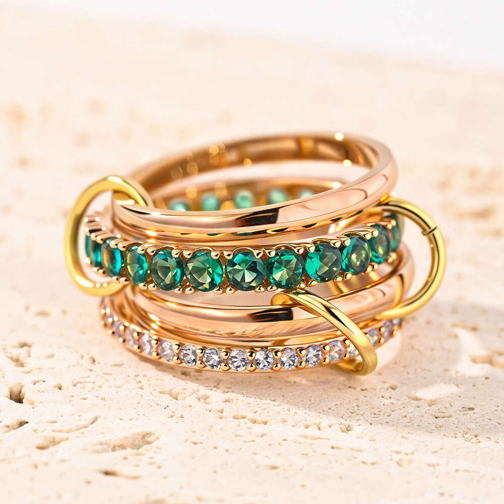 Hot Selling Rose Gold Color Four Inlaid with Green Diamond Zircon Stacking Rings Trendy Fashion Jewelry Chain