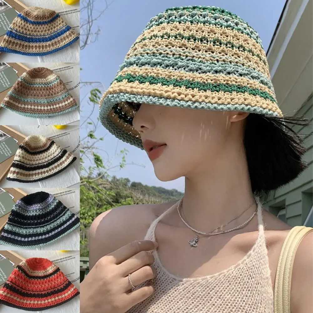 Fashion Rainbow Striped Fisherman Hat Big Brim UV Protection Crochet Bucket Hat Breathable Multicolor Straw Bucket Cap Travel W250602