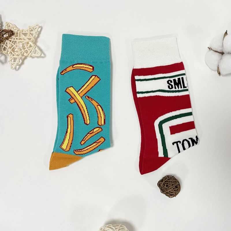1 Pair Unisex Funny AB Style Tomato Ketchup French Fry Printed Mid-Calf Socks Suit In All SeasonsT250602
