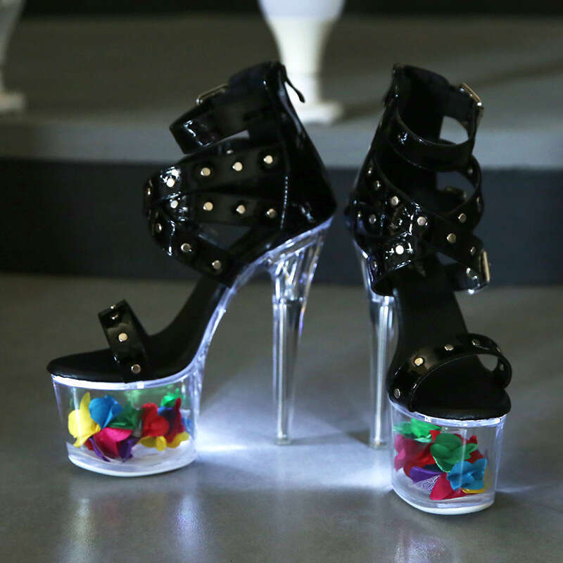 Super High Heels Rivet Zipper Roman Sandals Transparent Glowing 17Cm Stiletto Summer Waterproof Platform Super High Heels Platform High Heels