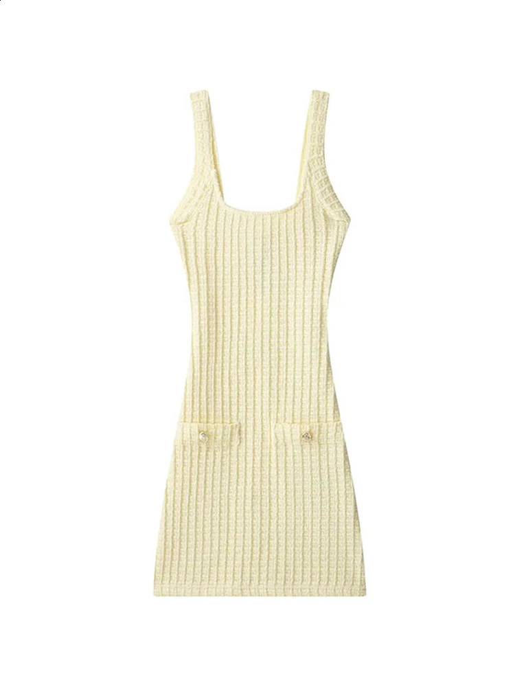 Sexy Knitted Tweed Short Dress Women Slim Square Collar Backless Sleeveless Beach Dresses Summer Lady Yellow Holiday Robe 250529