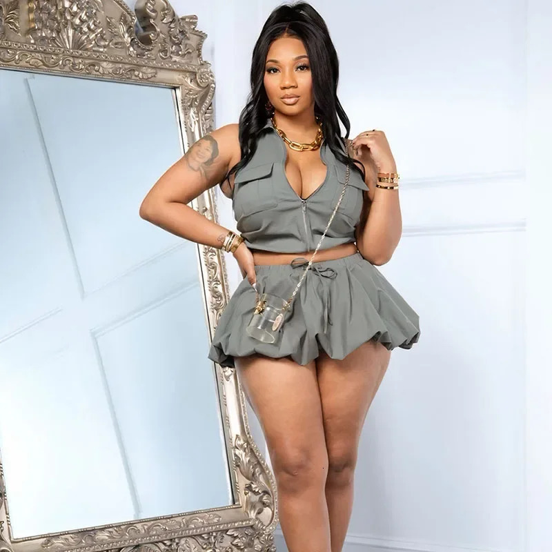 Streetwear Puff Skirt 2 Piece Set for Women Summer Outfit Halter Backless Zipper Pockets Crop Top and Micro Skirts Matching Sets 250603