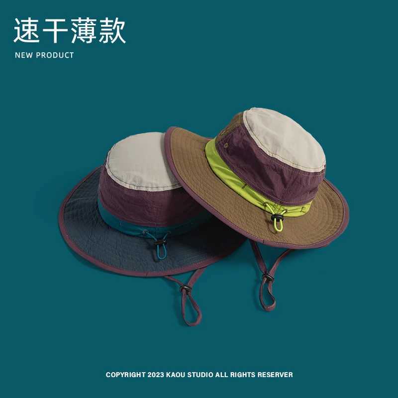 Retro Color Matching Strap Bucket Hats for Men and Women Summer Outdoor Quick-drying Breathable Thin Sunscreen Parent-child Cap W250602